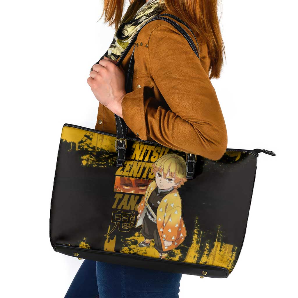 Zenitsu Agatsuma Demon Slayer Yellow Grunge Design Leather Tote Bag with Lightning Eyes and Bold Pose - The Mazicc