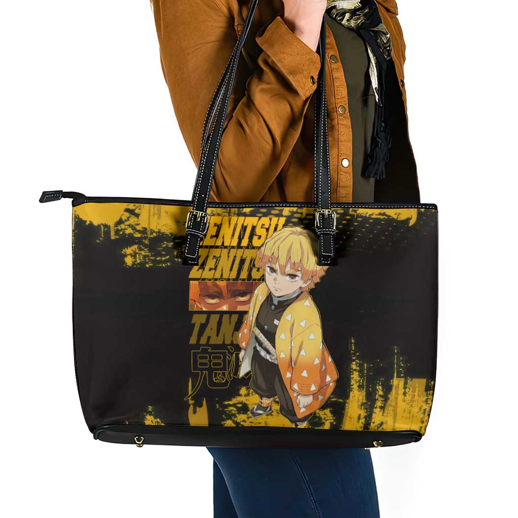 Zenitsu Agatsuma Demon Slayer Yellow Grunge Design Leather Tote Bag with Lightning Eyes and Bold Pose - The Mazicc