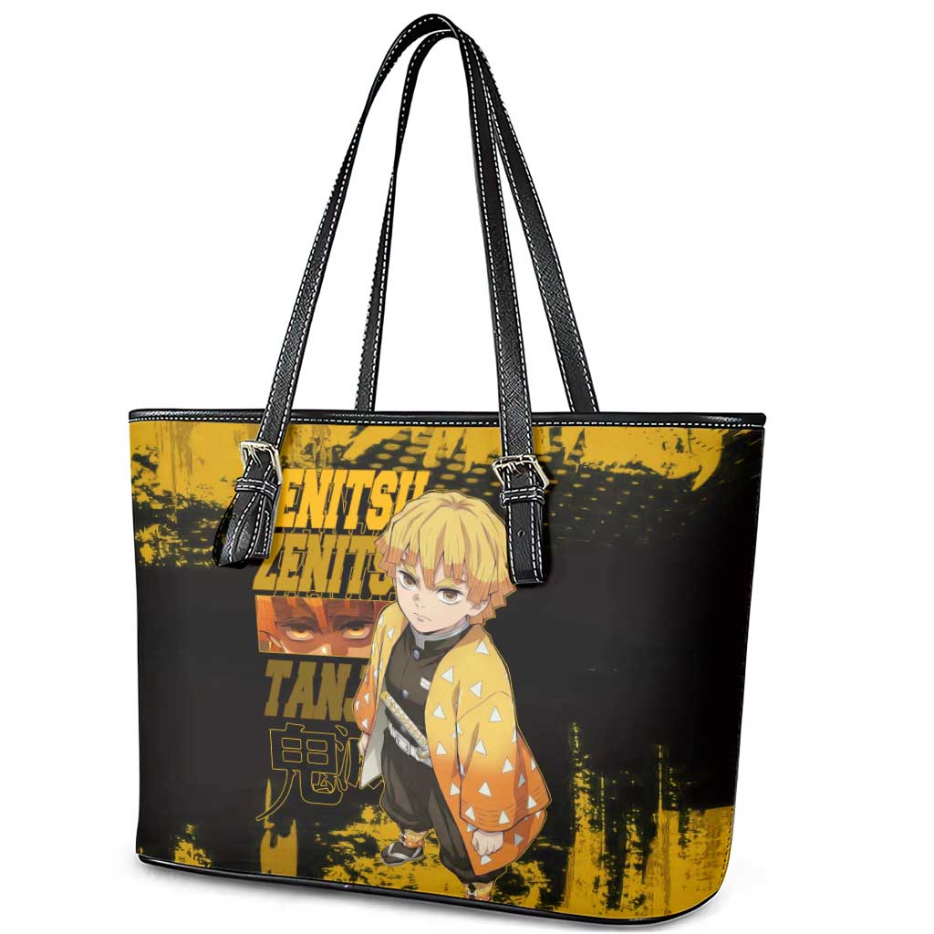 Zenitsu Agatsuma Demon Slayer Yellow Grunge Design Leather Tote Bag with Lightning Eyes and Bold Pose - The Mazicc