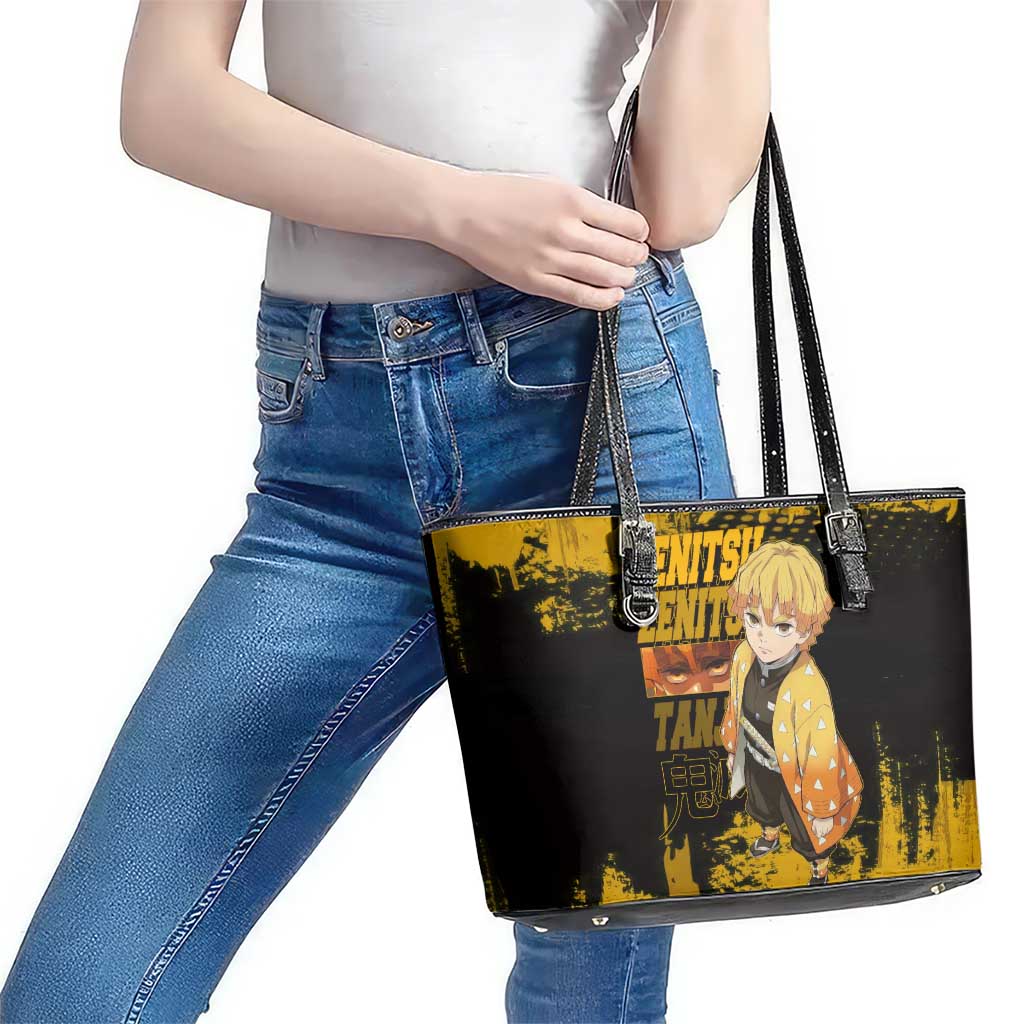 Zenitsu Agatsuma Demon Slayer Yellow Grunge Design Leather Tote Bag with Lightning Eyes and Bold Pose - The Mazicc