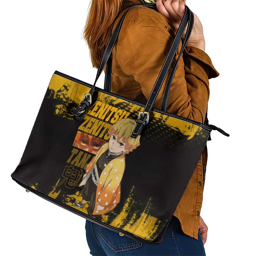 Zenitsu Agatsuma Demon Slayer Yellow Grunge Design Leather Tote Bag with Lightning Eyes and Bold Pose - The Mazicc