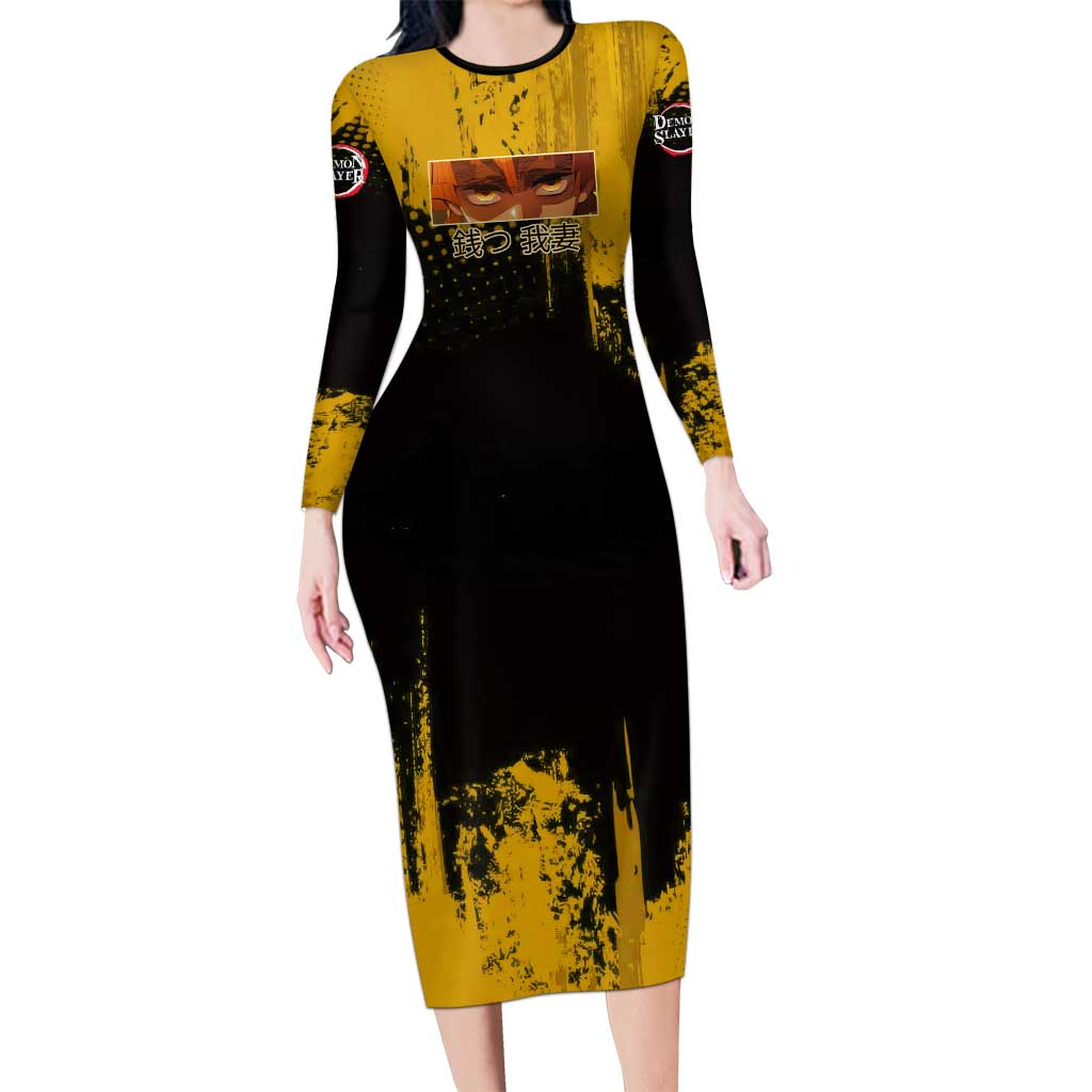 Zenitsu Agatsuma Demon Slayer Yellow Grunge Design Long Sleeve Bodycon Dress with Lightning Eyes and Bold Pose - The Mazicc