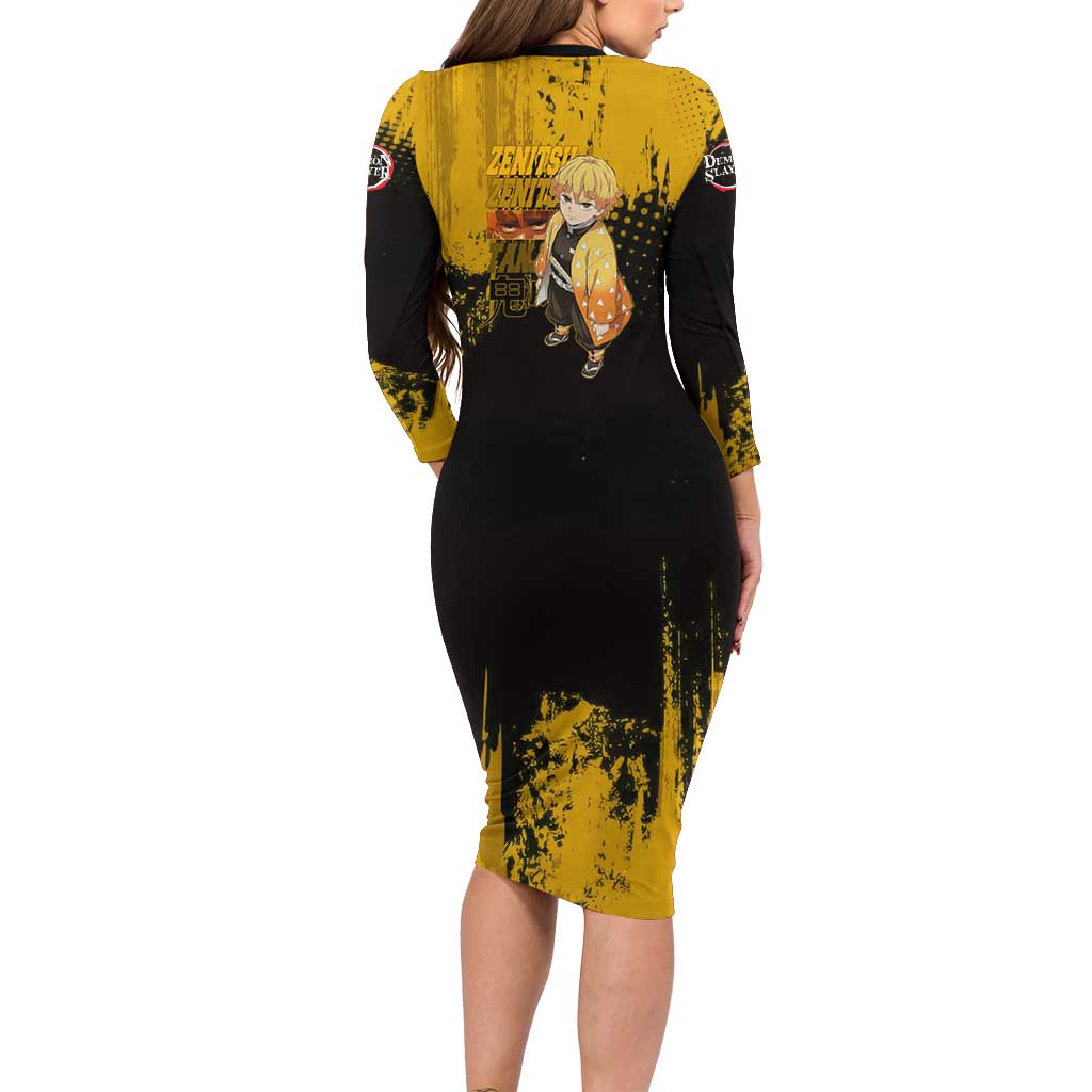 Zenitsu Agatsuma Demon Slayer Yellow Grunge Design Long Sleeve Bodycon Dress with Lightning Eyes and Bold Pose - The Mazicc