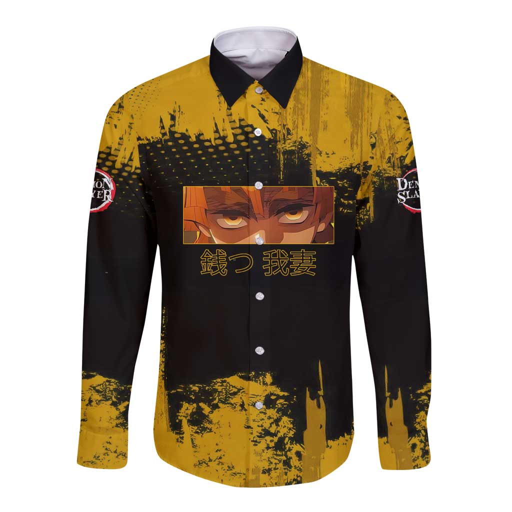 Zenitsu Agatsuma Demon Slayer Yellow Grunge Design Long Sleeve Button Shirt with Lightning Eyes and Bold Pose - The Mazicc
