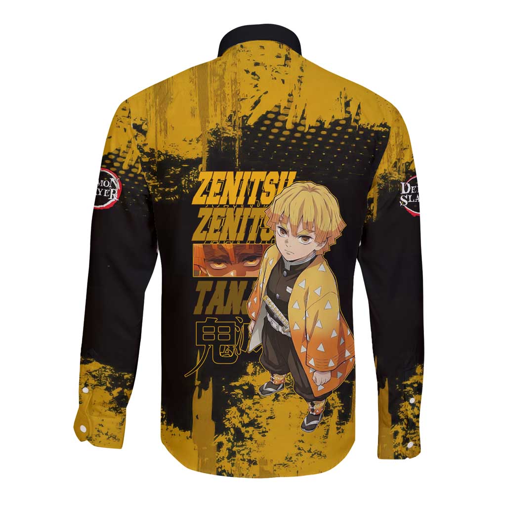 Zenitsu Agatsuma Demon Slayer Yellow Grunge Design Long Sleeve Button Shirt with Lightning Eyes and Bold Pose - The Mazicc