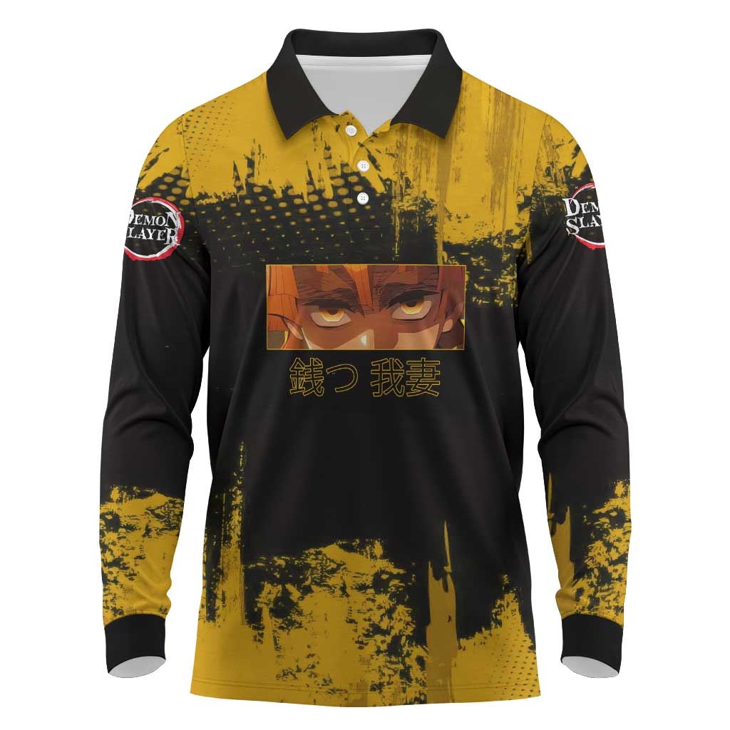 Zenitsu Agatsuma Demon Slayer Yellow Grunge Design Long Sleeve Polo Shirt with Lightning Eyes and Bold Pose - The Mazicc