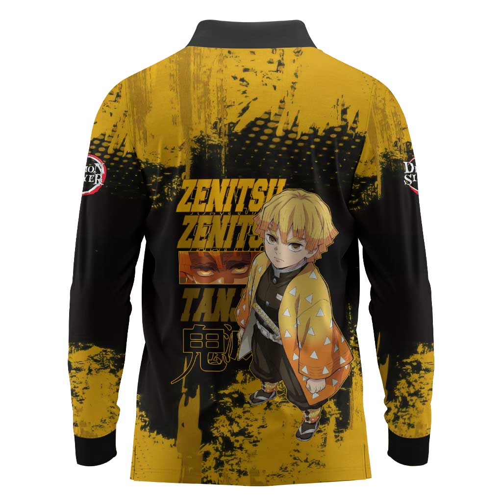 Zenitsu Agatsuma Demon Slayer Yellow Grunge Design Long Sleeve Polo Shirt with Lightning Eyes and Bold Pose - The Mazicc