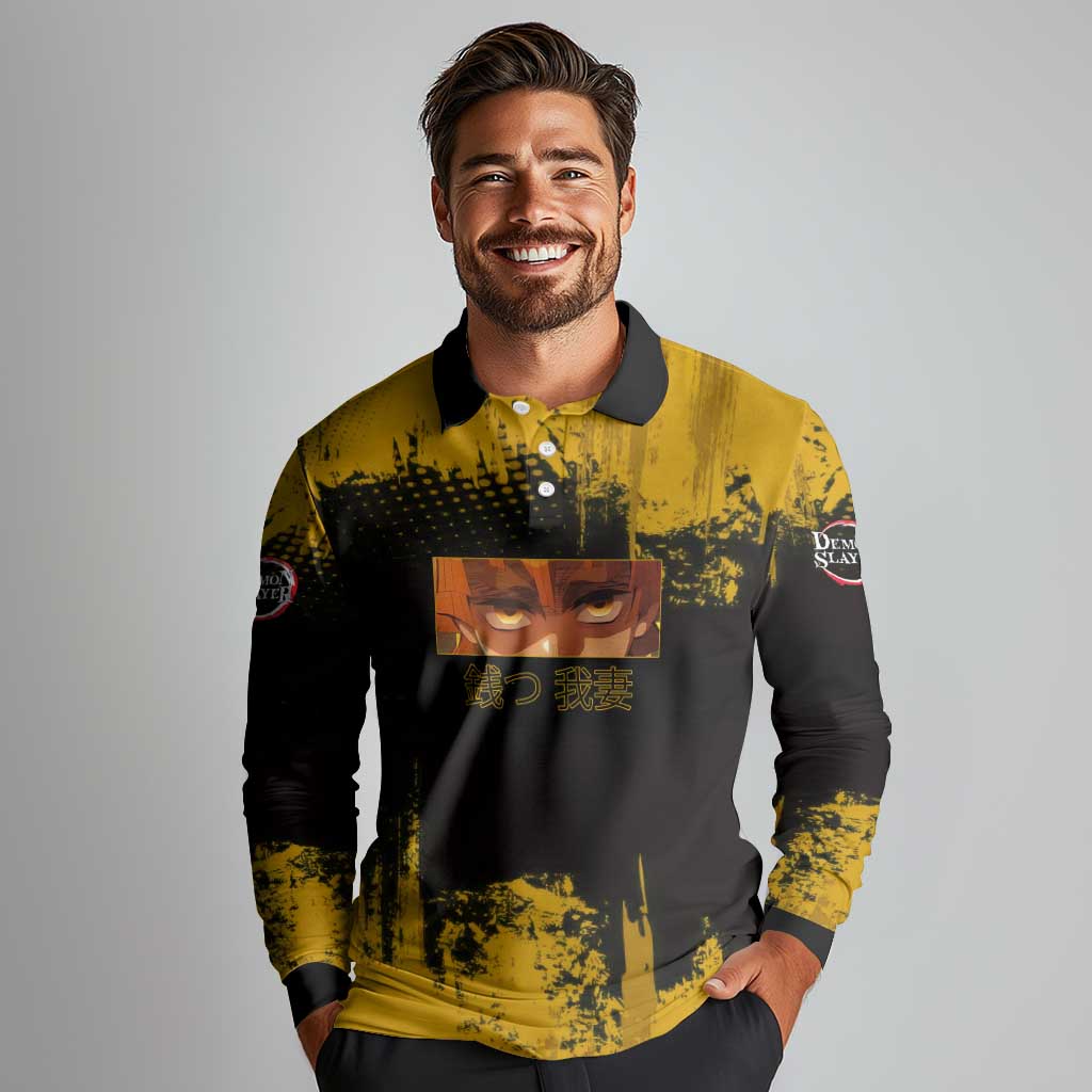Zenitsu Agatsuma Demon Slayer Yellow Grunge Design Long Sleeve Polo Shirt with Lightning Eyes and Bold Pose - The Mazicc