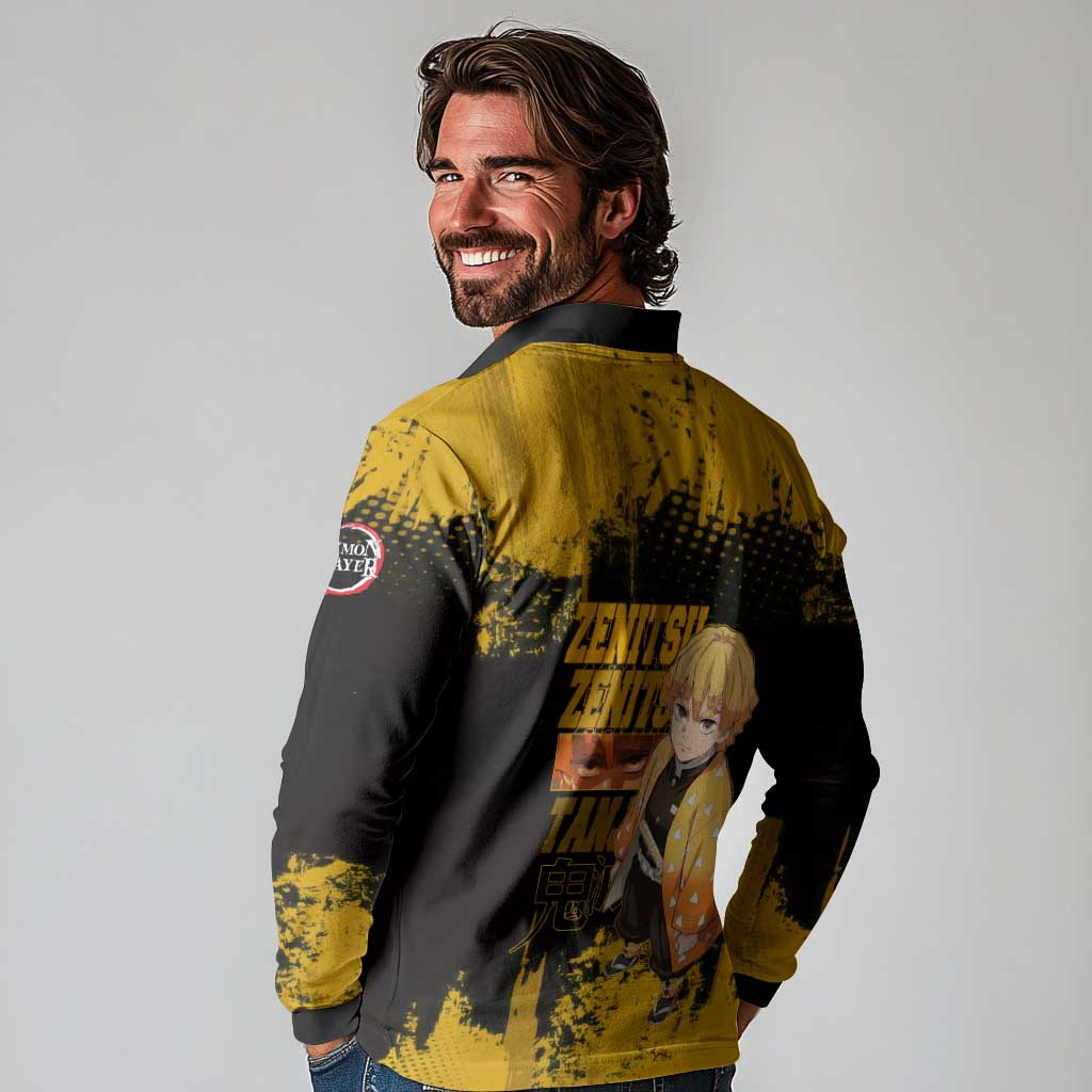 Zenitsu Agatsuma Demon Slayer Yellow Grunge Design Long Sleeve Polo Shirt with Lightning Eyes and Bold Pose - The Mazicc