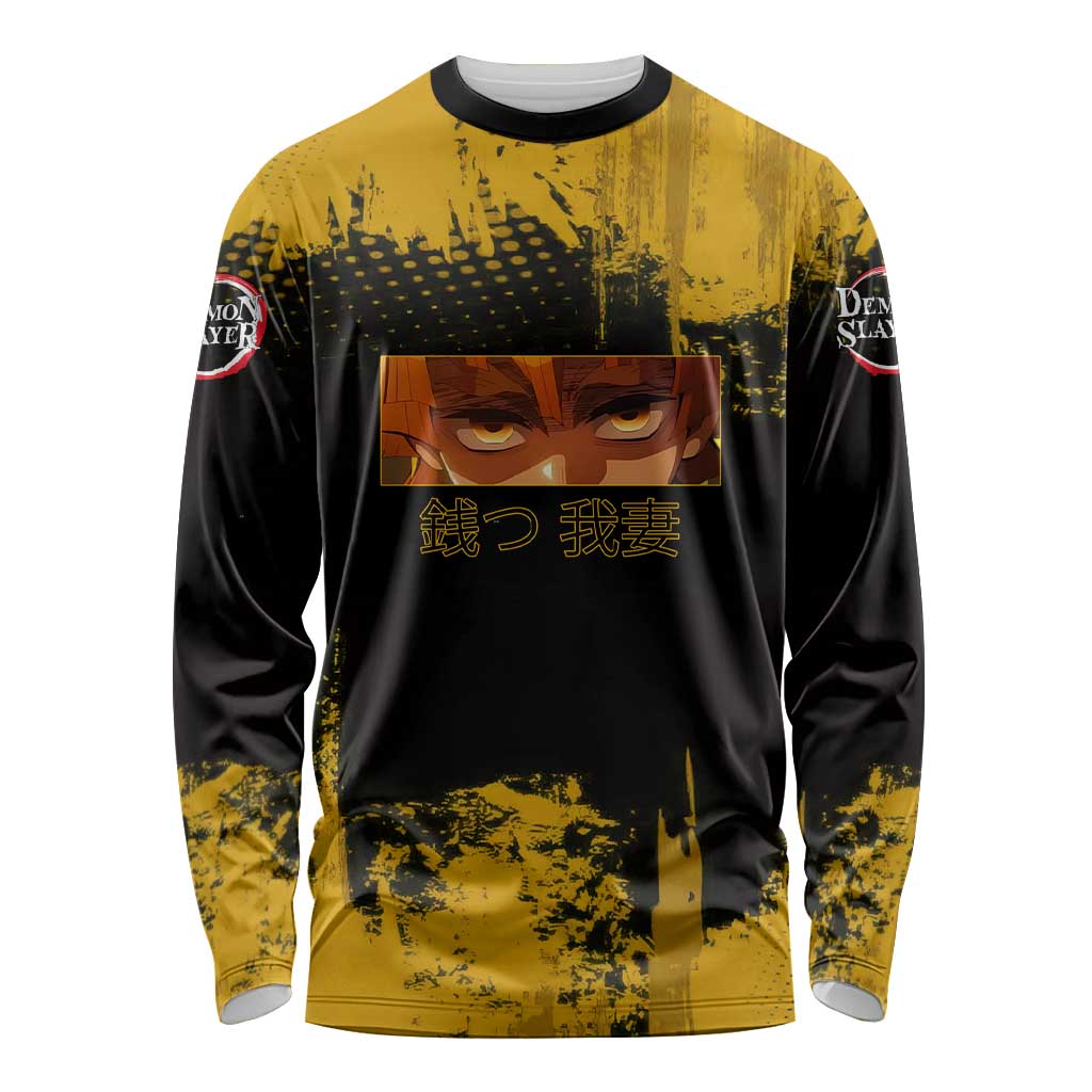 Zenitsu Agatsuma Demon Slayer Yellow Grunge Design Long Sleeve Shirt with Lightning Eyes and Bold Pose - The Mazicc