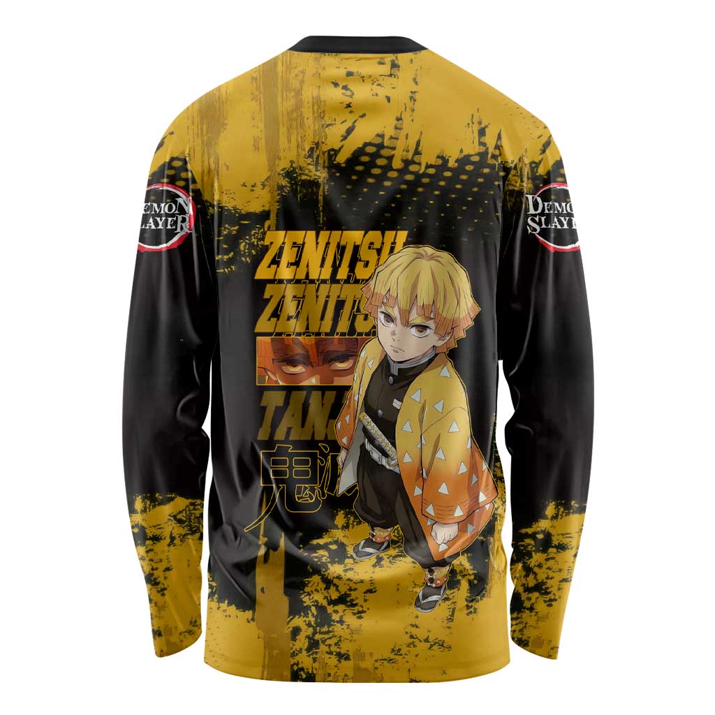 Zenitsu Agatsuma Demon Slayer Yellow Grunge Design Long Sleeve Shirt with Lightning Eyes and Bold Pose - The Mazicc