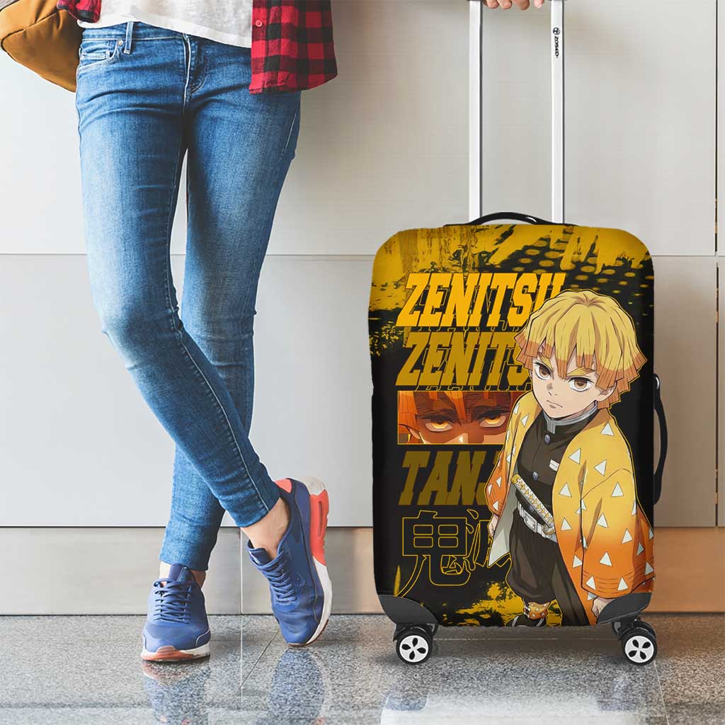 Zenitsu Agatsuma Demon Slayer Yellow Grunge Design Luggage Cover with Lightning Eyes and Bold Pose - The Mazicc
