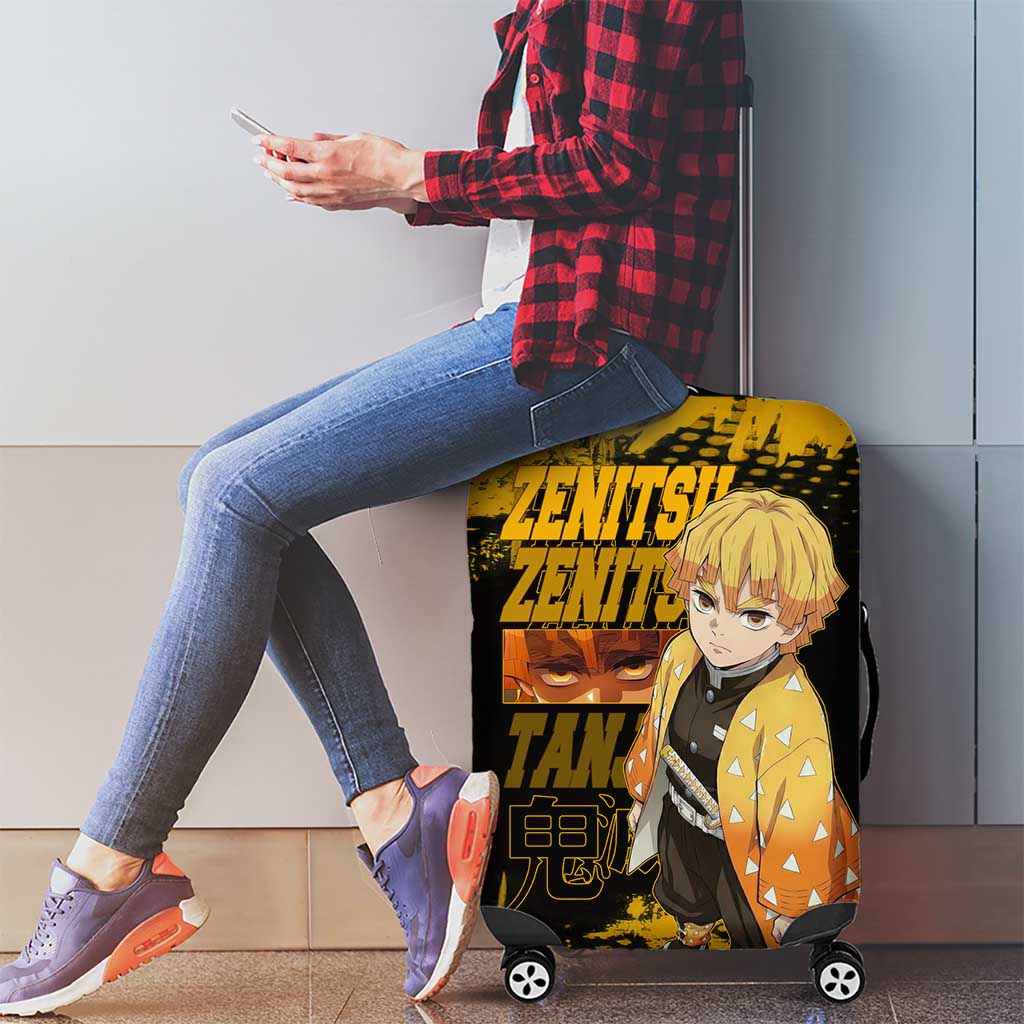 Zenitsu Agatsuma Demon Slayer Yellow Grunge Design Luggage Cover with Lightning Eyes and Bold Pose - The Mazicc