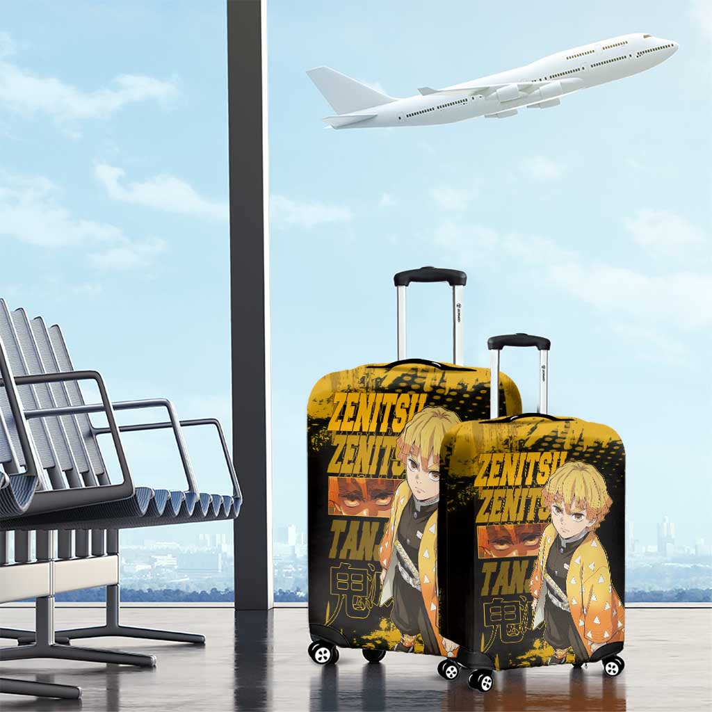 Zenitsu Agatsuma Demon Slayer Yellow Grunge Design Luggage Cover with Lightning Eyes and Bold Pose - The Mazicc