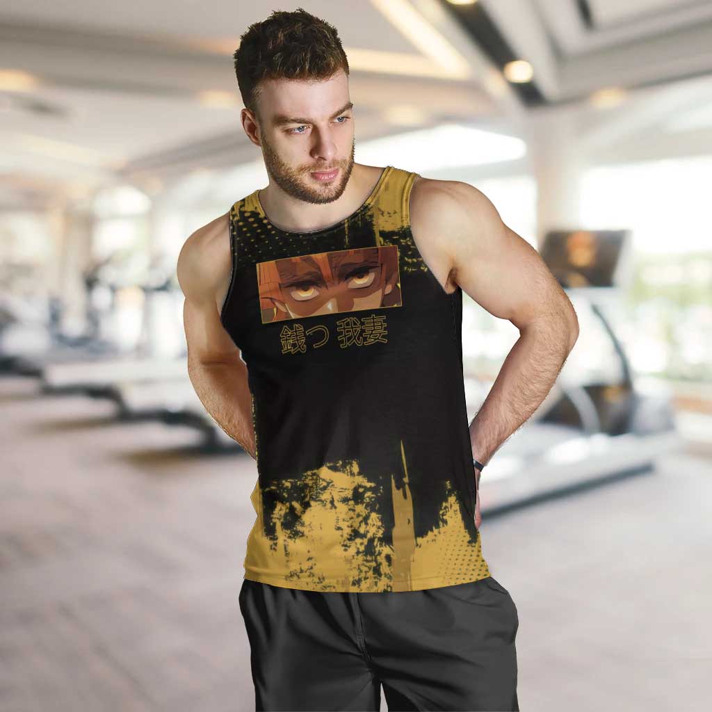 Zenitsu Agatsuma Demon Slayer Yellow Grunge Design Men Tank Top with Lightning Eyes and Bold Pose - The Mazicc