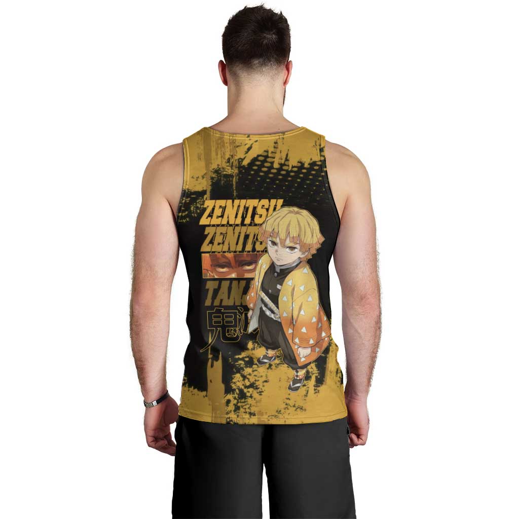 Zenitsu Agatsuma Demon Slayer Yellow Grunge Design Men Tank Top with Lightning Eyes and Bold Pose - The Mazicc