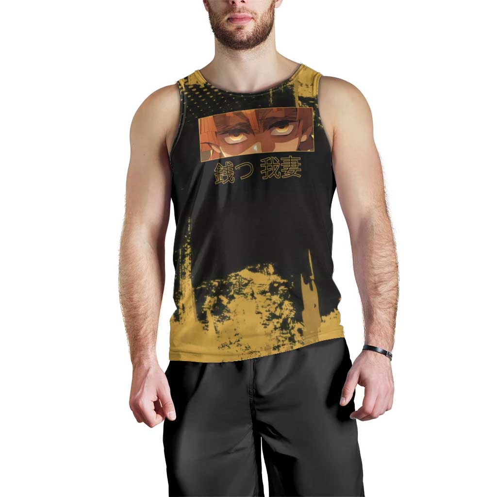 Zenitsu Agatsuma Demon Slayer Yellow Grunge Design Men Tank Top with Lightning Eyes and Bold Pose - The Mazicc