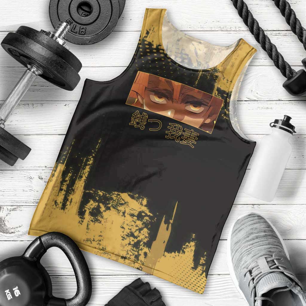 Zenitsu Agatsuma Demon Slayer Yellow Grunge Design Men Tank Top with Lightning Eyes and Bold Pose - The Mazicc