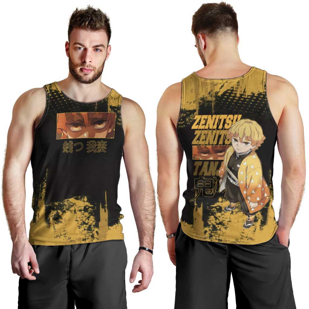 Zenitsu Agatsuma Demon Slayer Yellow Grunge Design Men Tank Top with Lightning Eyes and Bold Pose - The Mazicc