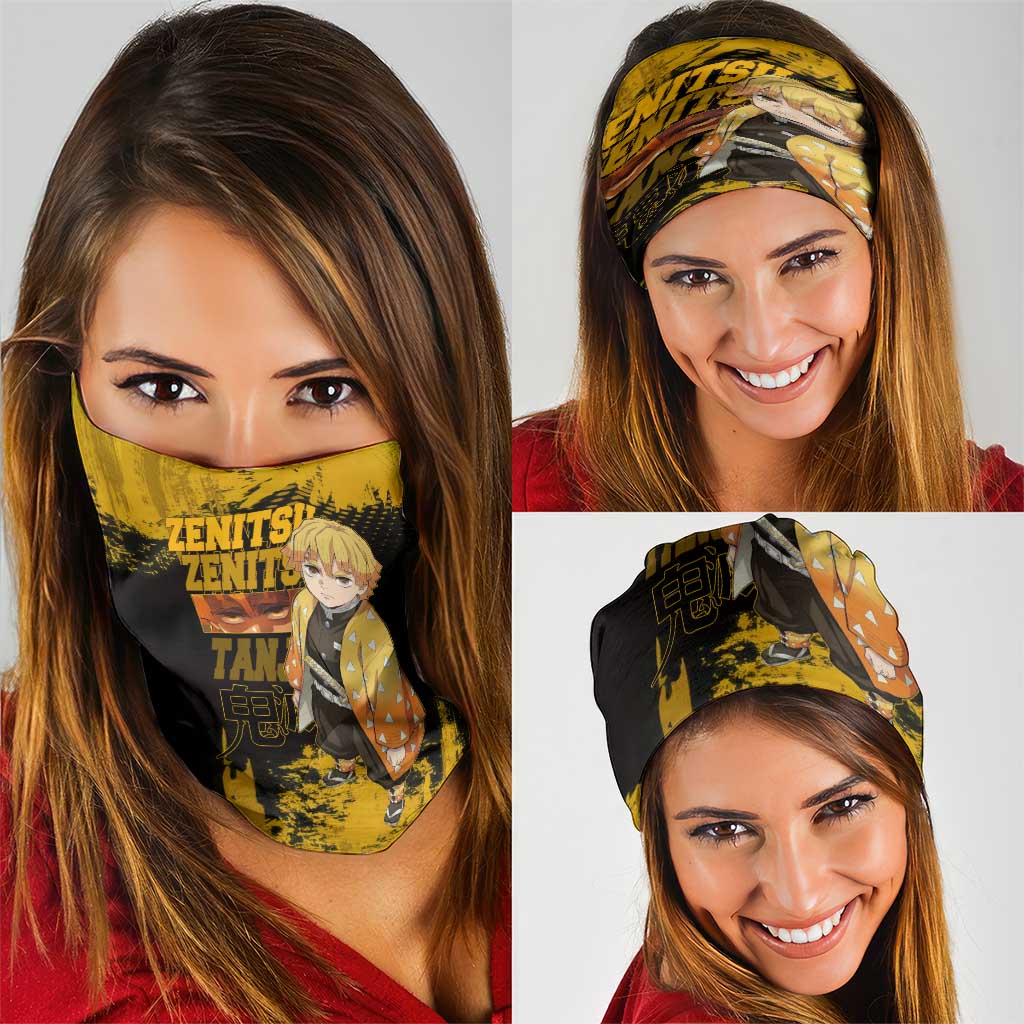 Zenitsu Agatsuma Demon Slayer Yellow Grunge Design Neck Gaiter with Lightning Eyes and Bold Pose - The Mazicc