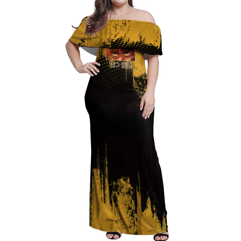 Zenitsu Agatsuma Demon Slayer Yellow Grunge Design Off Shoulder Maxi Dress with Lightning Eyes and Bold Pose - The Mazicc