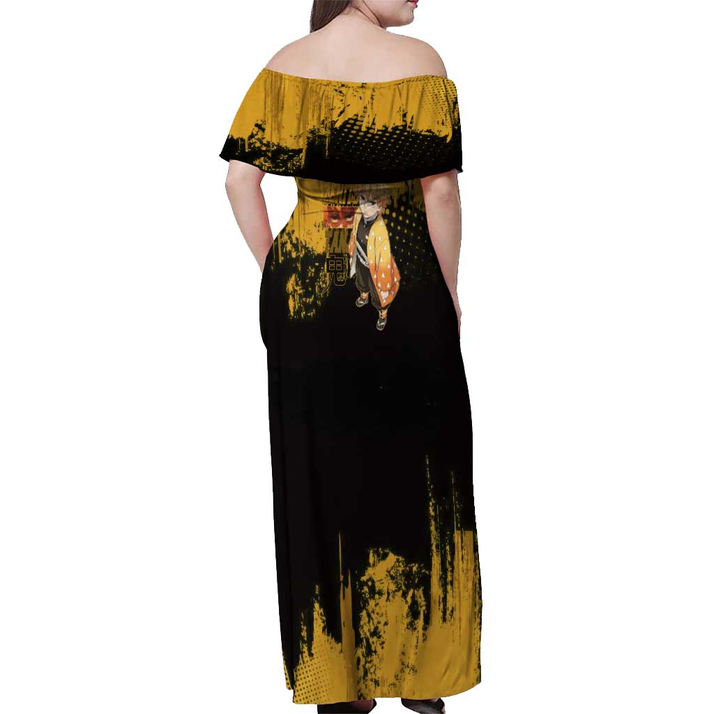 Zenitsu Agatsuma Demon Slayer Yellow Grunge Design Off Shoulder Maxi Dress with Lightning Eyes and Bold Pose - The Mazicc