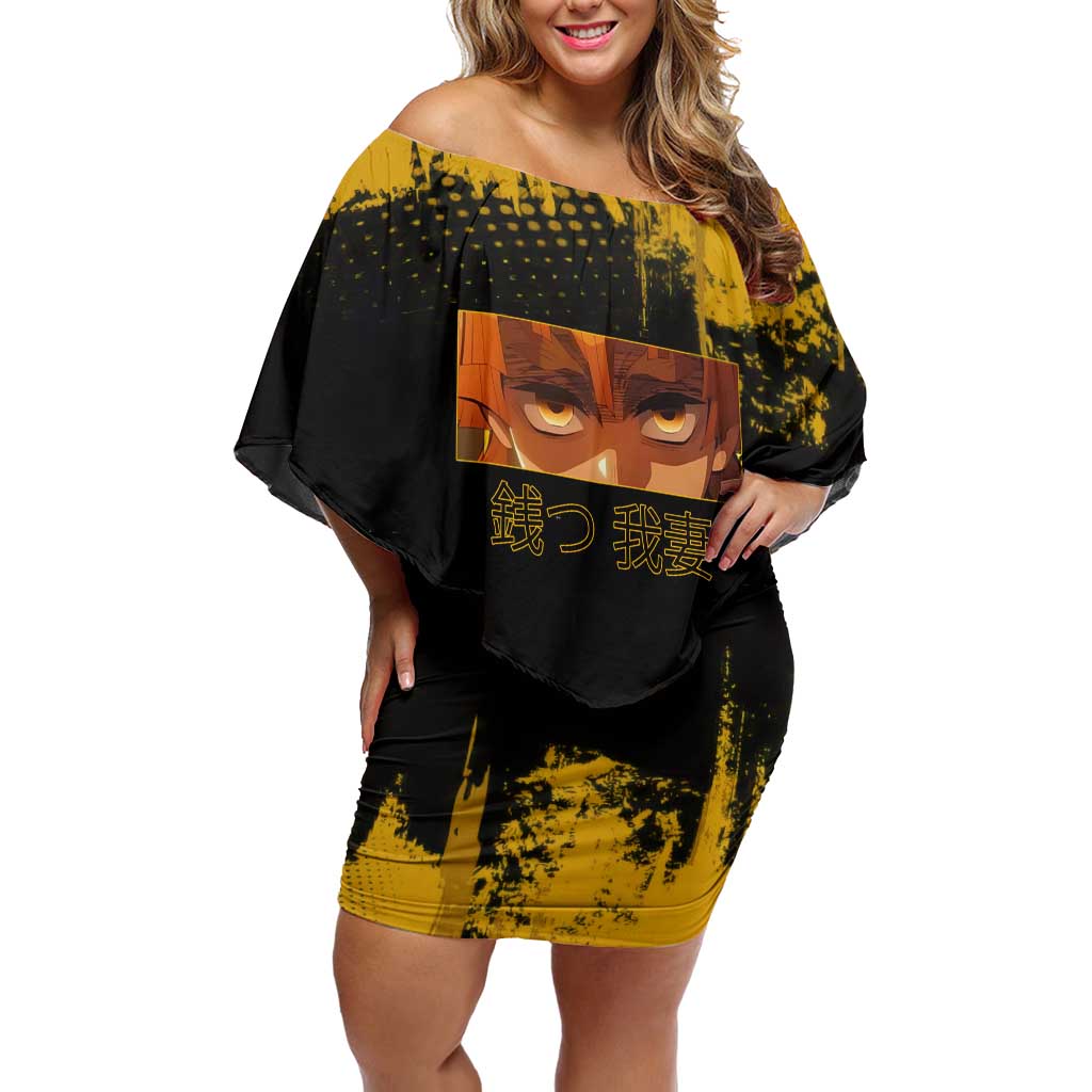 Zenitsu Agatsuma Demon Slayer Yellow Grunge Design Off Shoulder Short Dress with Lightning Eyes and Bold Pose - The Mazicc