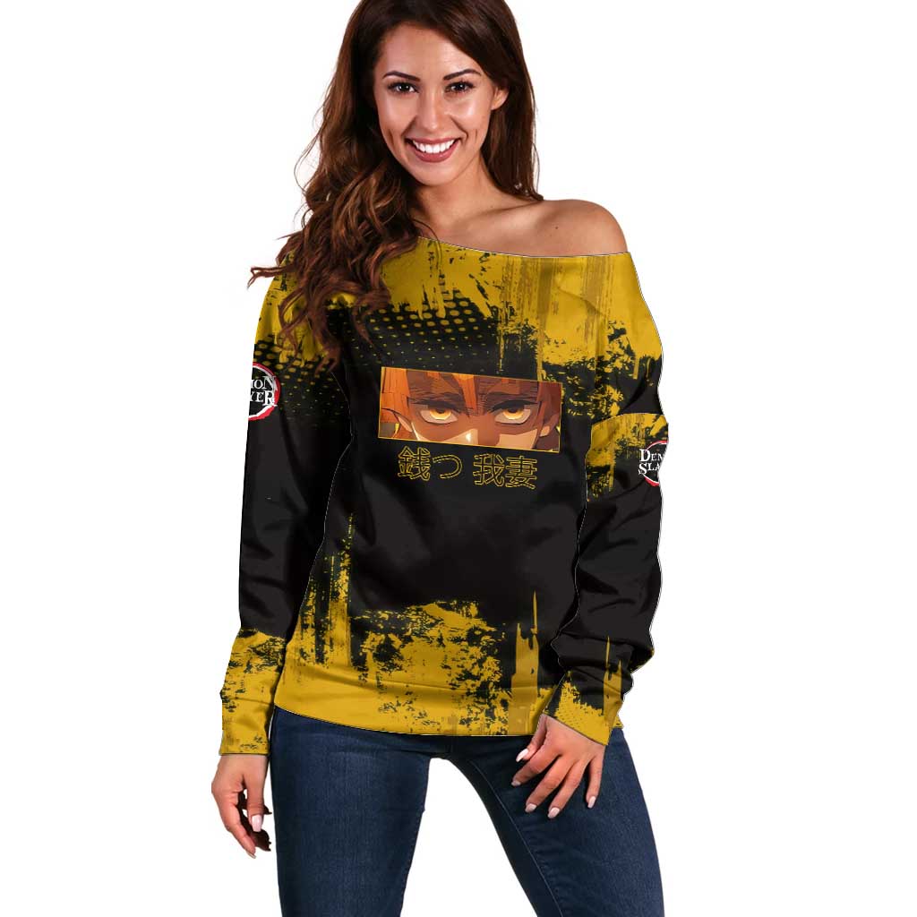 Zenitsu Agatsuma Demon Slayer Yellow Grunge Design Off Shoulder Sweater with Lightning Eyes and Bold Pose - The Mazicc