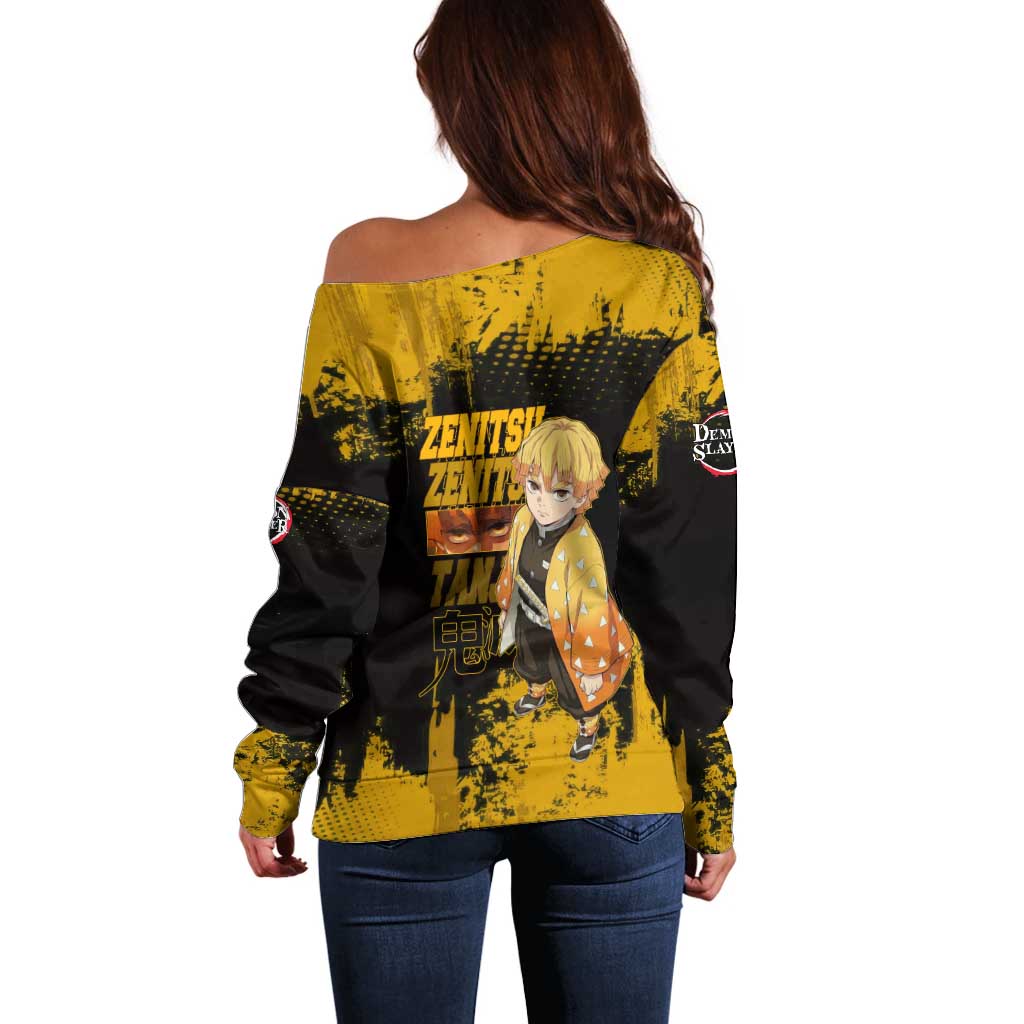 Zenitsu Agatsuma Demon Slayer Yellow Grunge Design Off Shoulder Sweater with Lightning Eyes and Bold Pose - The Mazicc