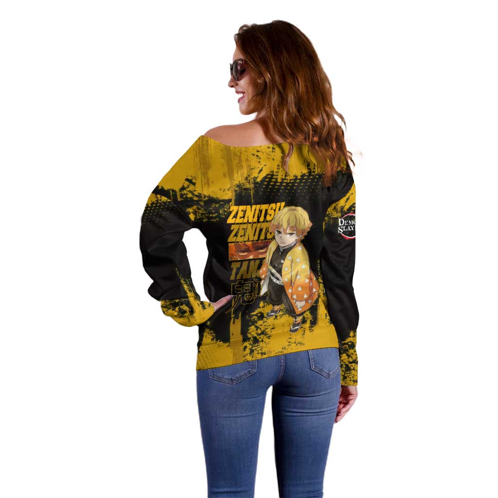 Zenitsu Agatsuma Demon Slayer Yellow Grunge Design Off Shoulder Sweater with Lightning Eyes and Bold Pose - The Mazicc