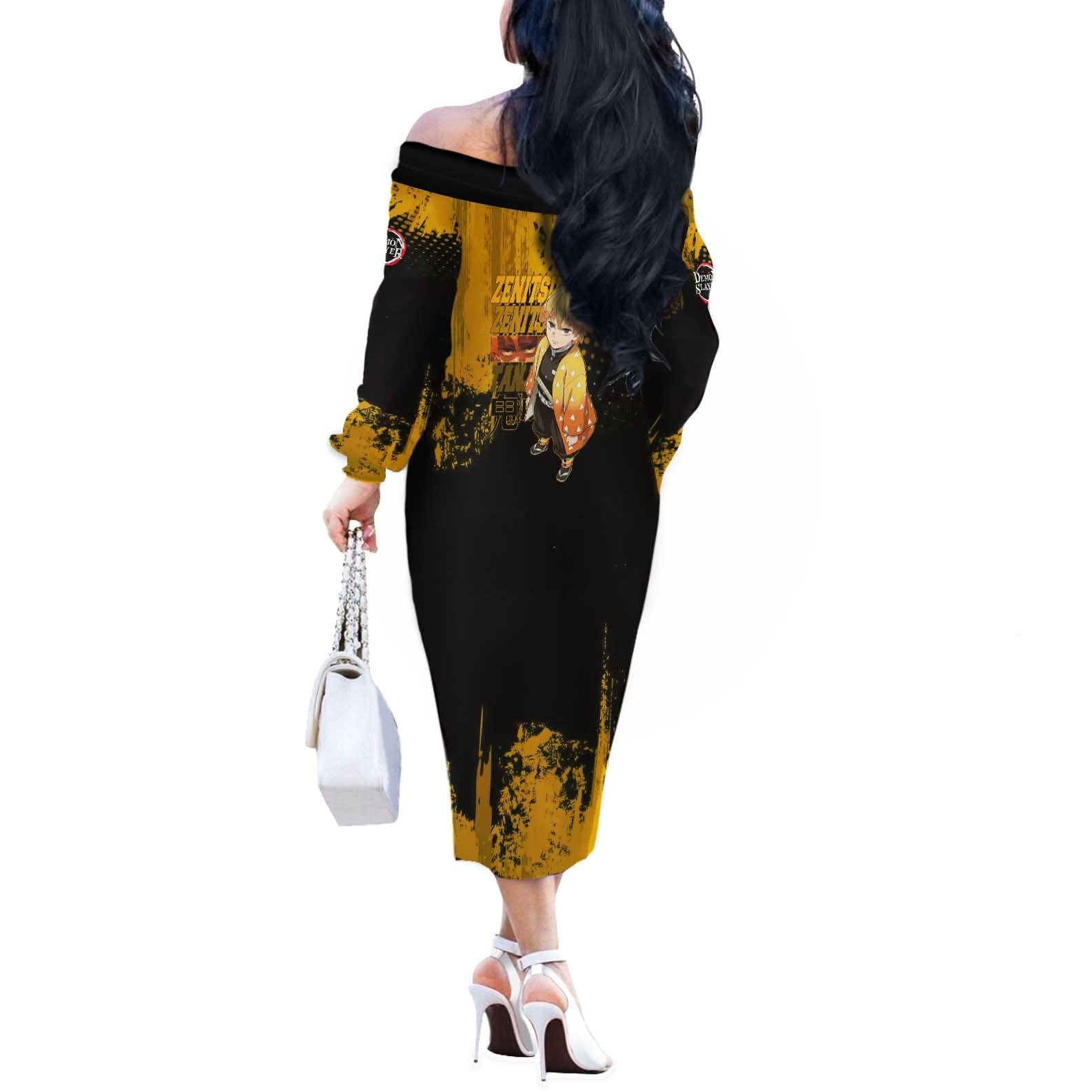 Zenitsu Agatsuma Demon Slayer Yellow Grunge Design Off The Shoulder Long Sleeve Dress with Lightning Eyes and Bold Pose - The Mazicc