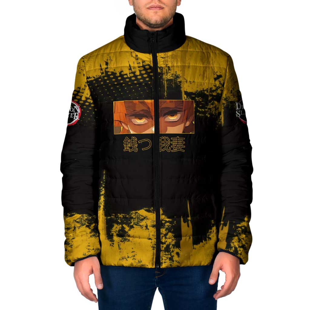 Zenitsu Agatsuma Demon Slayer Yellow Grunge Design Padded Jacket with Lightning Eyes and Bold Pose - The Mazicc
