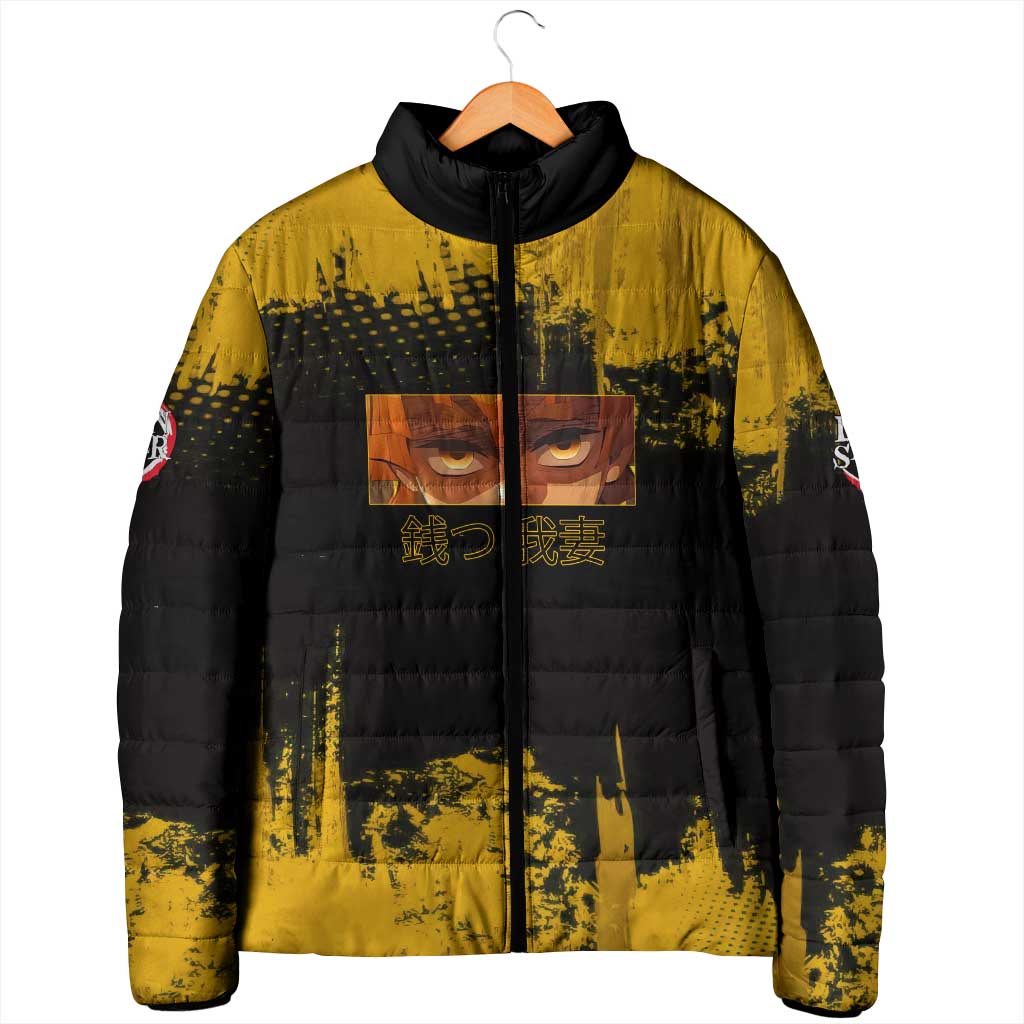 Zenitsu Agatsuma Demon Slayer Yellow Grunge Design Padded Jacket with Lightning Eyes and Bold Pose - The Mazicc