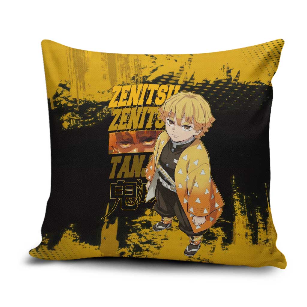 Zenitsu Agatsuma Demon Slayer Yellow Grunge Design Pillow Cover with Lightning Eyes and Bold Pose - The Mazicc