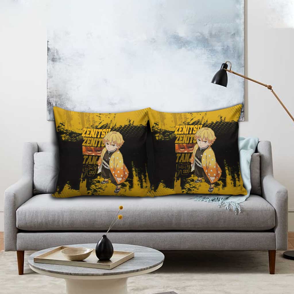 Zenitsu Agatsuma Demon Slayer Yellow Grunge Design Pillow Cover with Lightning Eyes and Bold Pose - The Mazicc
