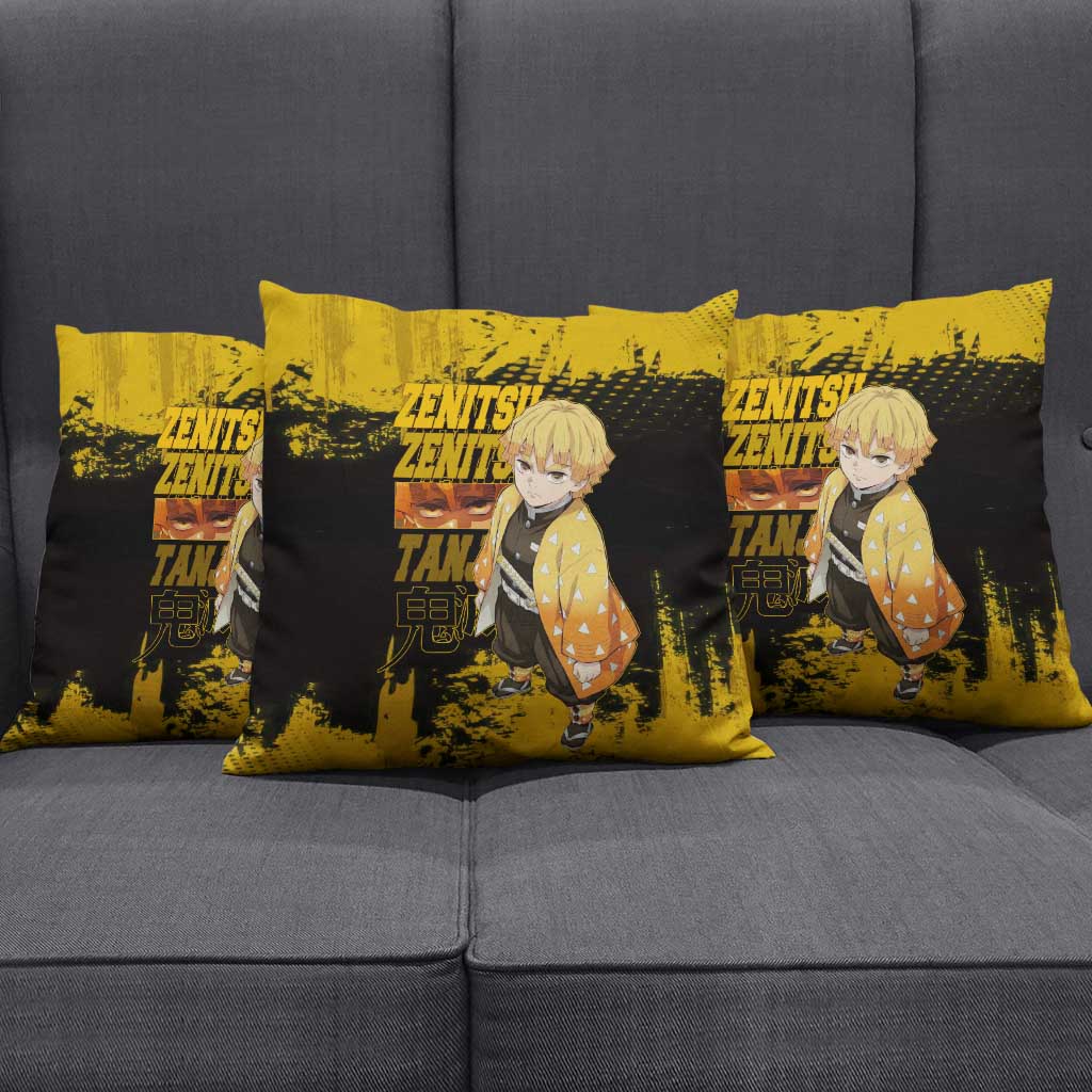 Zenitsu Agatsuma Demon Slayer Yellow Grunge Design Pillow Cover with Lightning Eyes and Bold Pose - The Mazicc