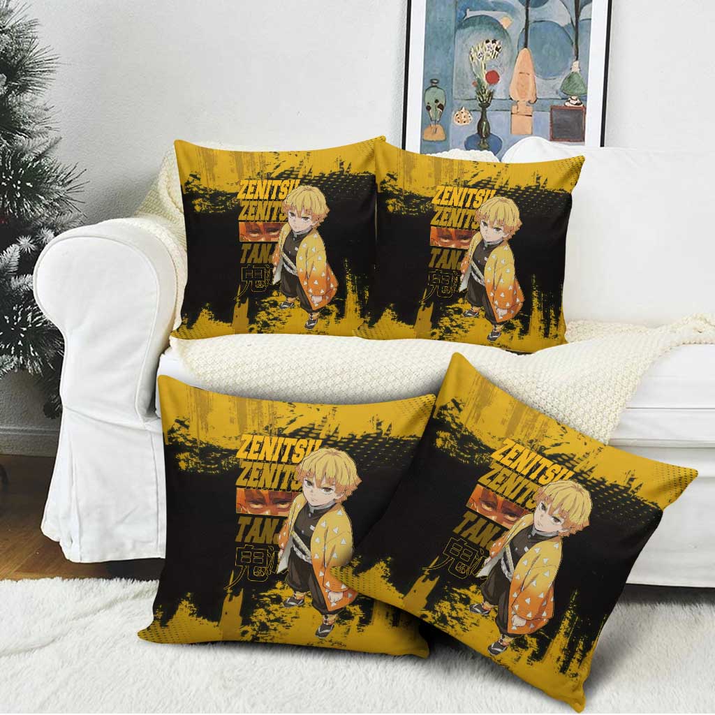 Zenitsu Agatsuma Demon Slayer Yellow Grunge Design Pillow Cover with Lightning Eyes and Bold Pose - The Mazicc