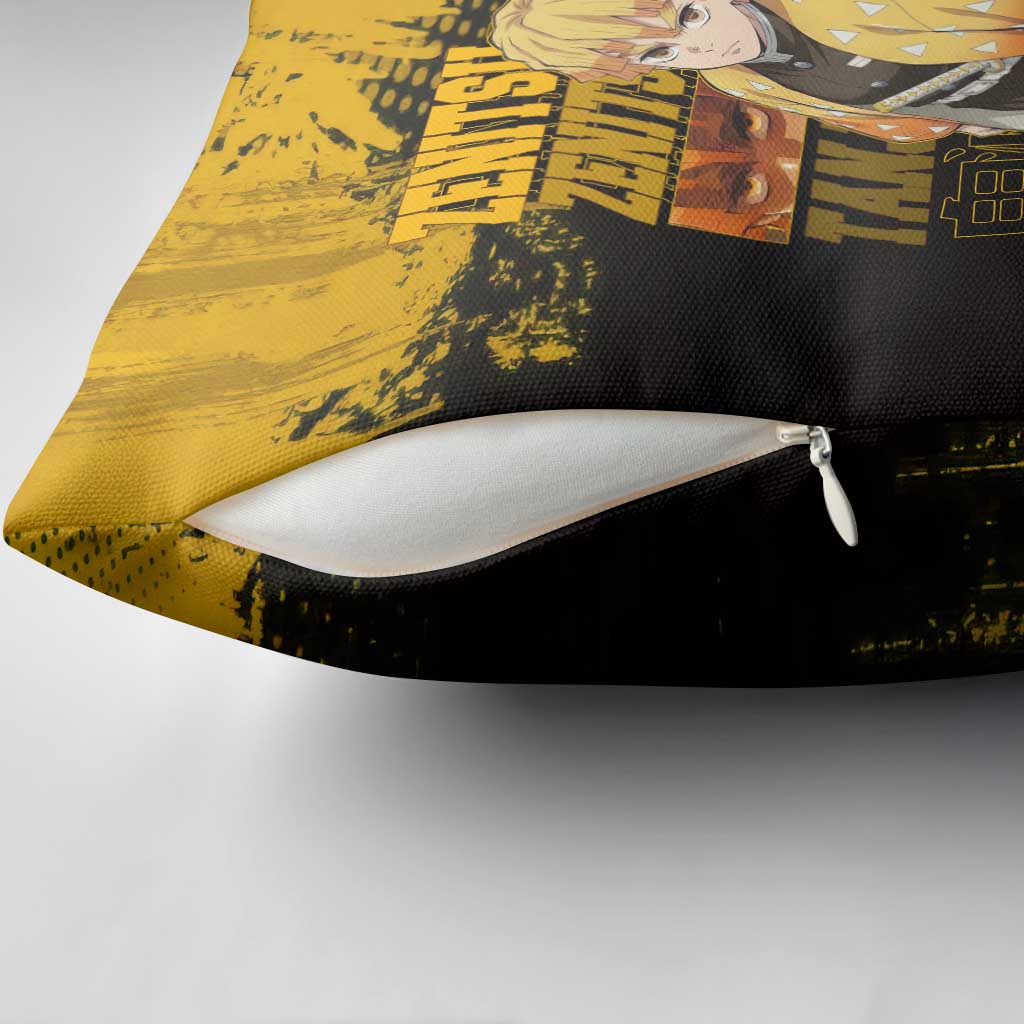Zenitsu Agatsuma Demon Slayer Yellow Grunge Design Pillow Cover with Lightning Eyes and Bold Pose - The Mazicc