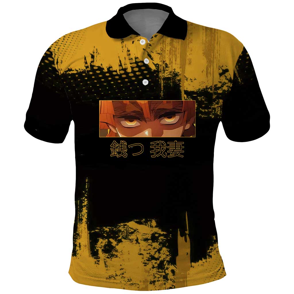 Zenitsu Agatsuma Demon Slayer Yellow Grunge Design Polo Shirt with Lightning Eyes and Bold Pose - The Mazicc