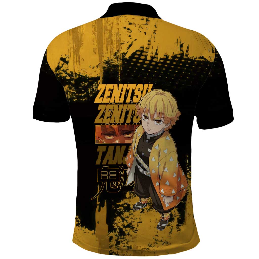 Zenitsu Agatsuma Demon Slayer Yellow Grunge Design Polo Shirt with Lightning Eyes and Bold Pose - The Mazicc
