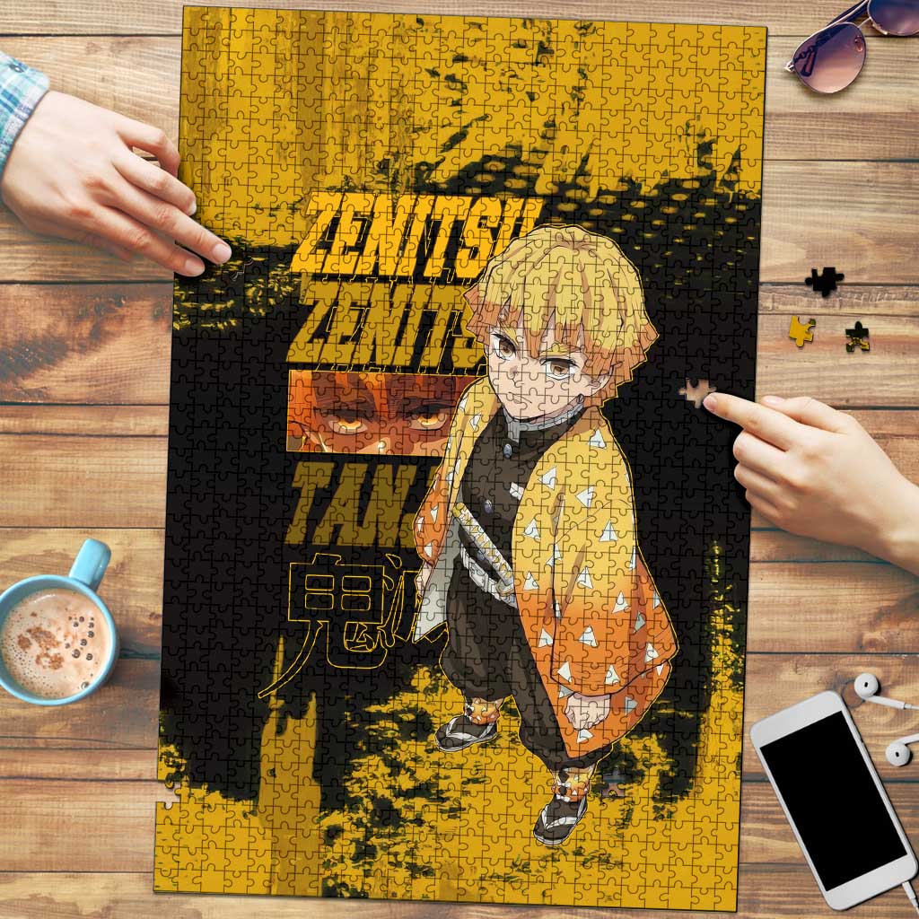 Zenitsu Agatsuma Demon Slayer Yellow Grunge Design Puzzle with Lightning Eyes and Bold Pose - The Mazicc