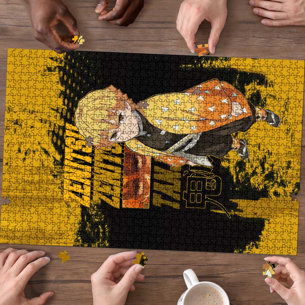 Zenitsu Agatsuma Demon Slayer Yellow Grunge Design Puzzle with Lightning Eyes and Bold Pose - The Mazicc