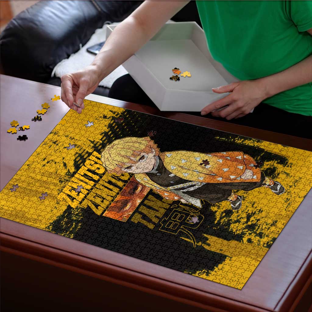 Zenitsu Agatsuma Demon Slayer Yellow Grunge Design Puzzle with Lightning Eyes and Bold Pose - The Mazicc