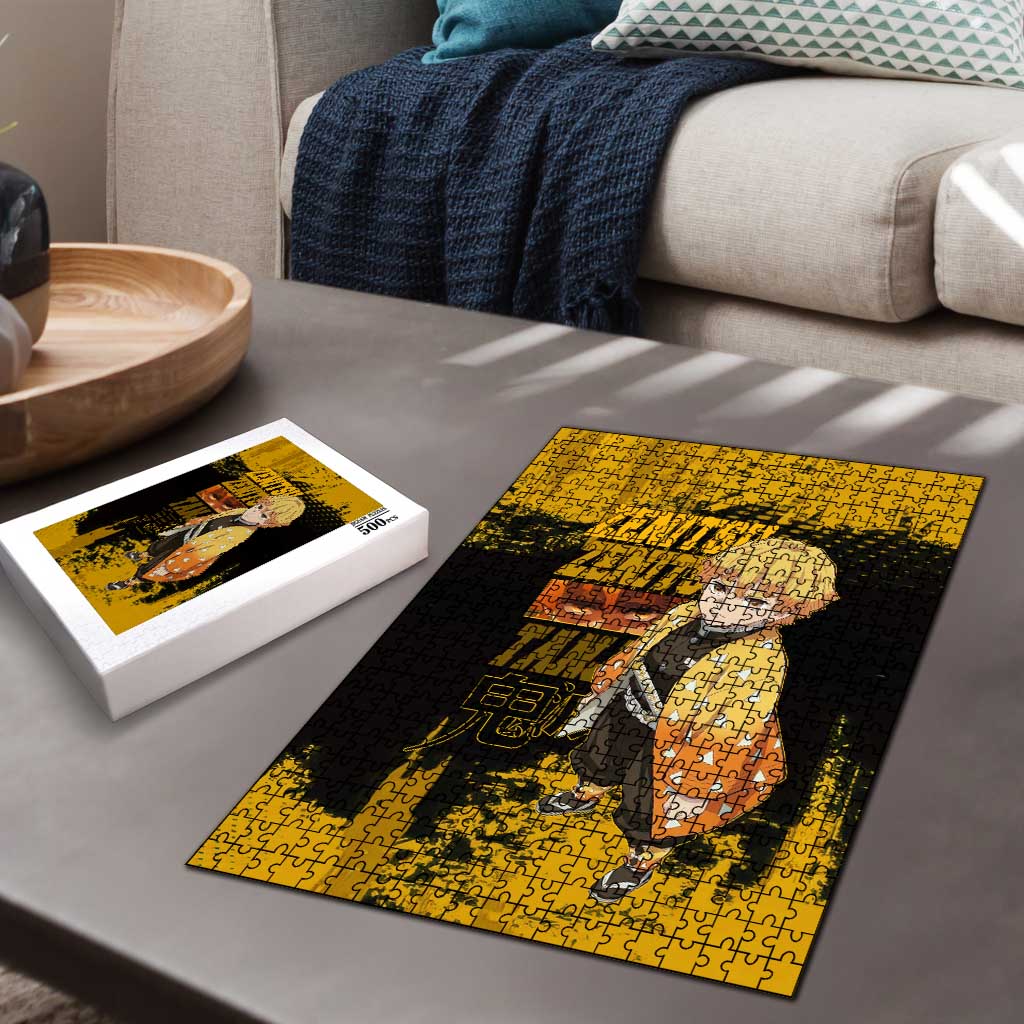 Zenitsu Agatsuma Demon Slayer Yellow Grunge Design Puzzle with Lightning Eyes and Bold Pose - The Mazicc