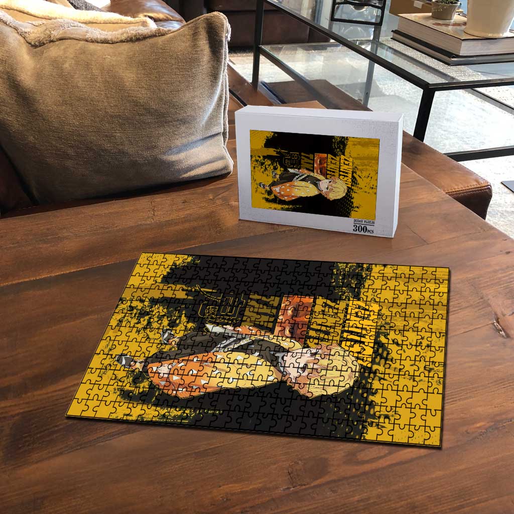 Zenitsu Agatsuma Demon Slayer Yellow Grunge Design Puzzle with Lightning Eyes and Bold Pose - The Mazicc
