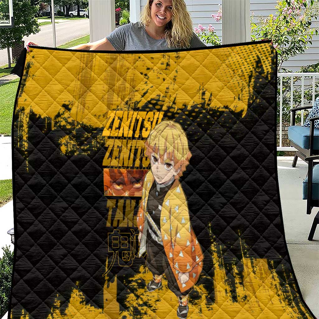 Zenitsu Agatsuma Demon Slayer Yellow Grunge Design Quilt with Lightning Eyes and Bold Pose - The Mazicc