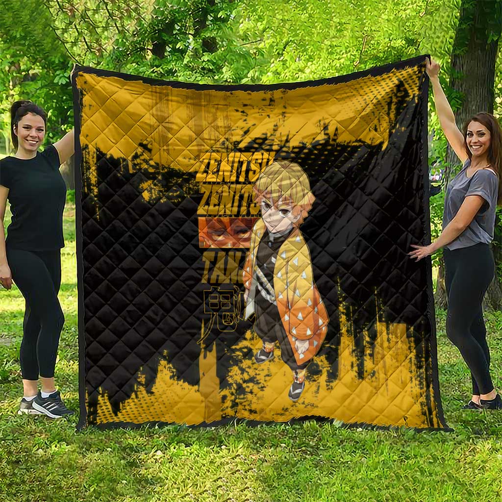 Zenitsu Agatsuma Demon Slayer Yellow Grunge Design Quilt with Lightning Eyes and Bold Pose - The Mazicc