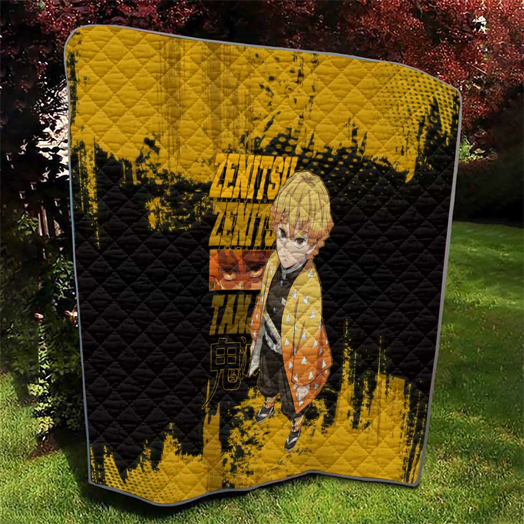 Zenitsu Agatsuma Demon Slayer Yellow Grunge Design Quilt with Lightning Eyes and Bold Pose - The Mazicc