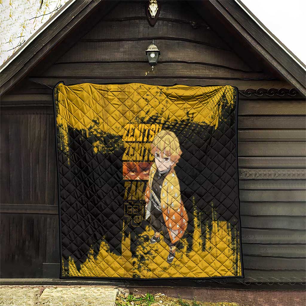 Zenitsu Agatsuma Demon Slayer Yellow Grunge Design Quilt with Lightning Eyes and Bold Pose - The Mazicc
