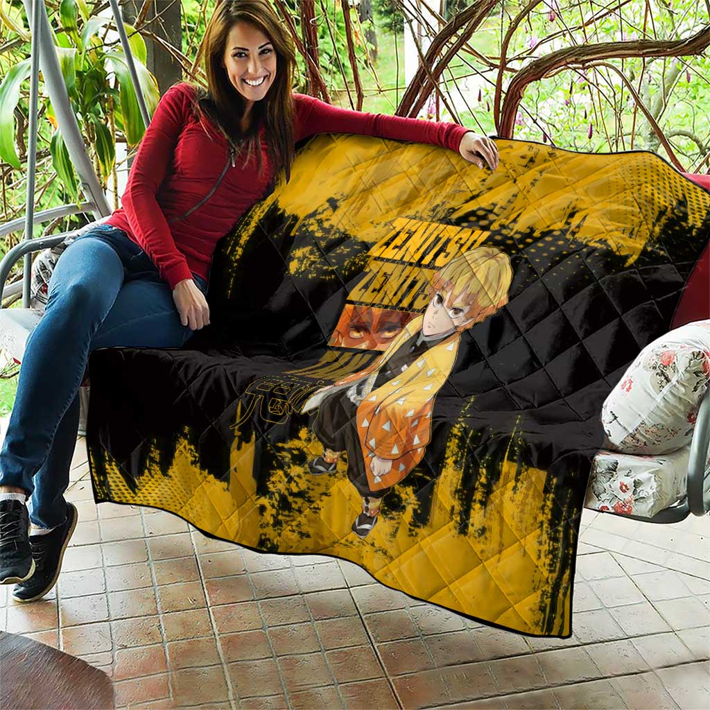 Zenitsu Agatsuma Demon Slayer Yellow Grunge Design Quilt with Lightning Eyes and Bold Pose - The Mazicc